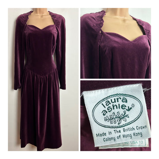 Vintage 1980s LAURA ASHLEY Made In British Crown Colony Of Hong Kong UK Size 10 Plum Purple Velvet Scallop Neck Midi Dress