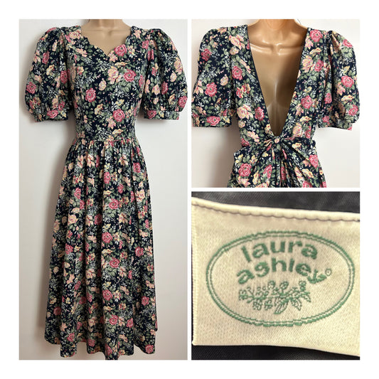 Vintage 1980s LAURA ASHLEY Size 8 (Size 12 On Label) Black Beige Dusky Pink & Green Floral Print Open Back Midi Dress