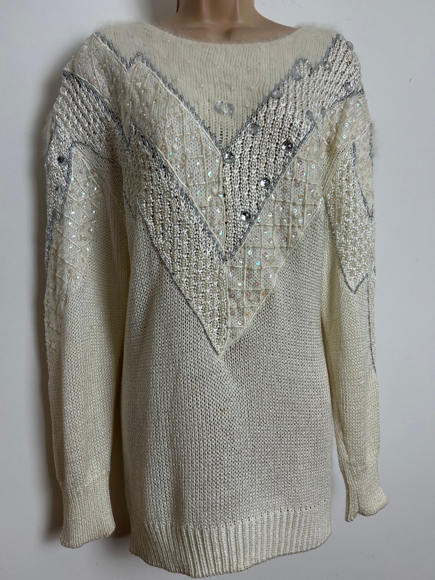 Vintage 1980s Up To Size 18-20 Winter White Sequin & Jewel Detail Winter Jumper