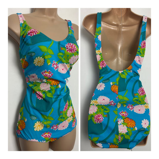 Vintage 1970s OLUBA Size 14-16 Blue Green Pink & Orange Watering Can & Flowers Print Swimsuit