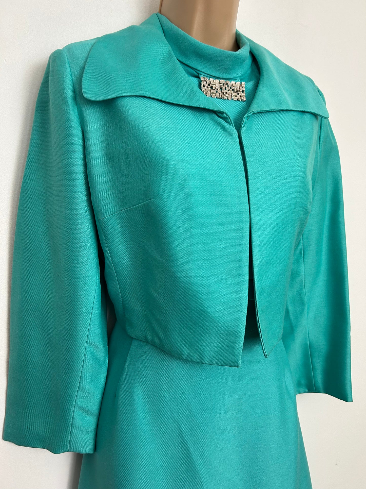 Vintage 1960s PETER BARRON UK Size 10 Turquoise Two Piece Mod Dress Suit