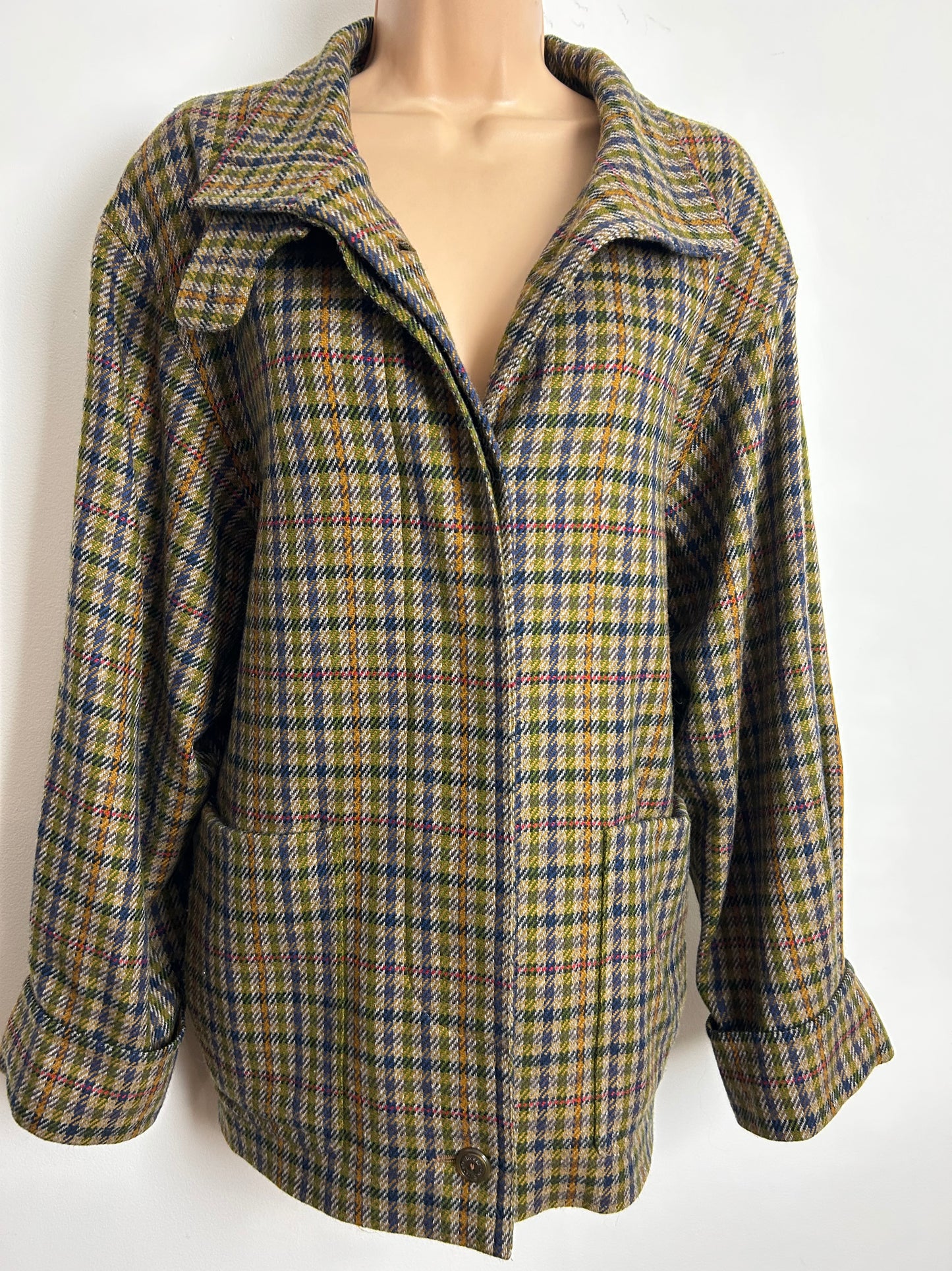 Vintage 1980s Size 14-16 Brown Dogtooth Check Wool Mix Fully Lined Jacket