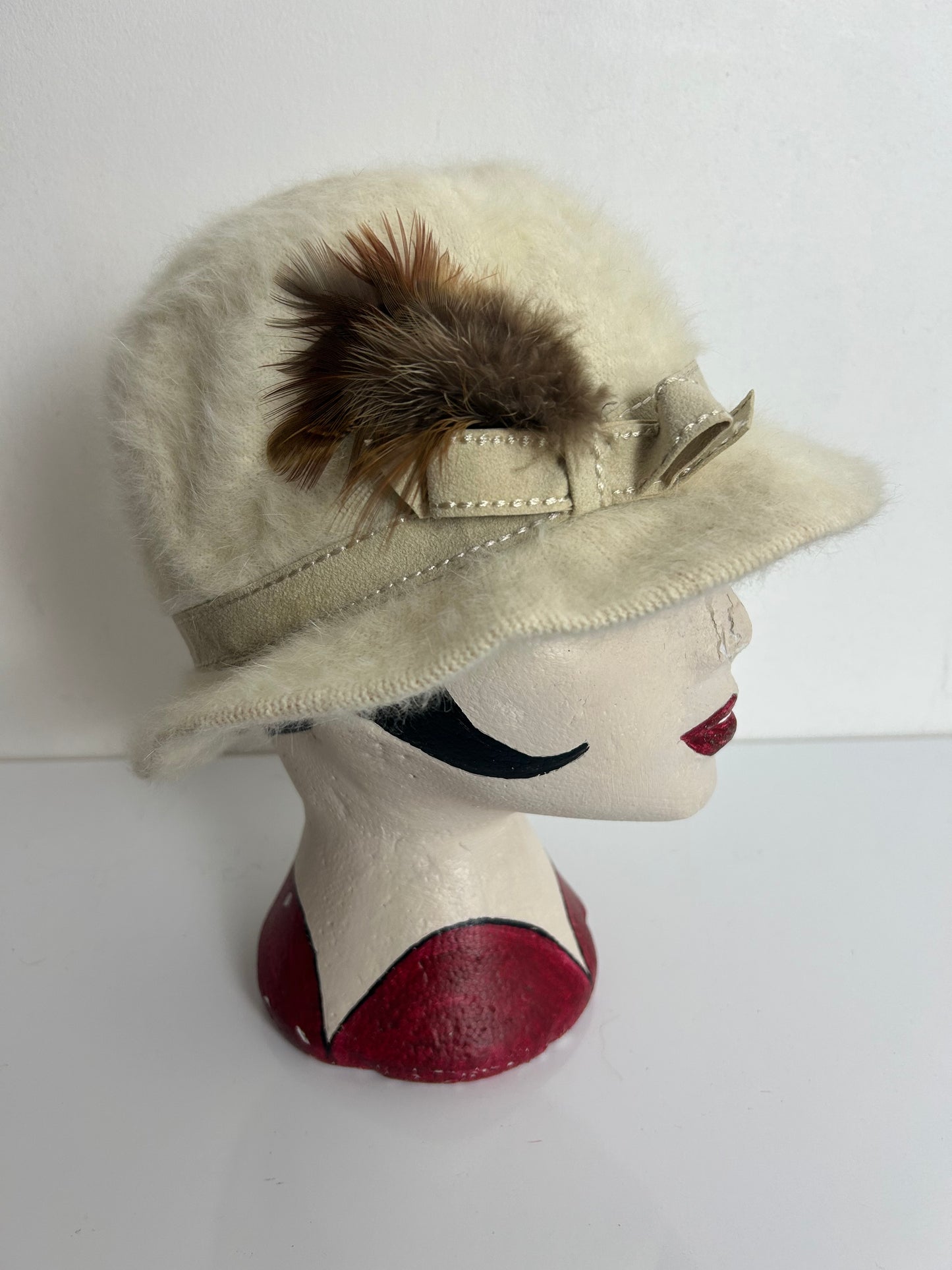 Vintage 1970s Austrian Cream Super Soft Angora Mix Braid & Feather Trim Hat