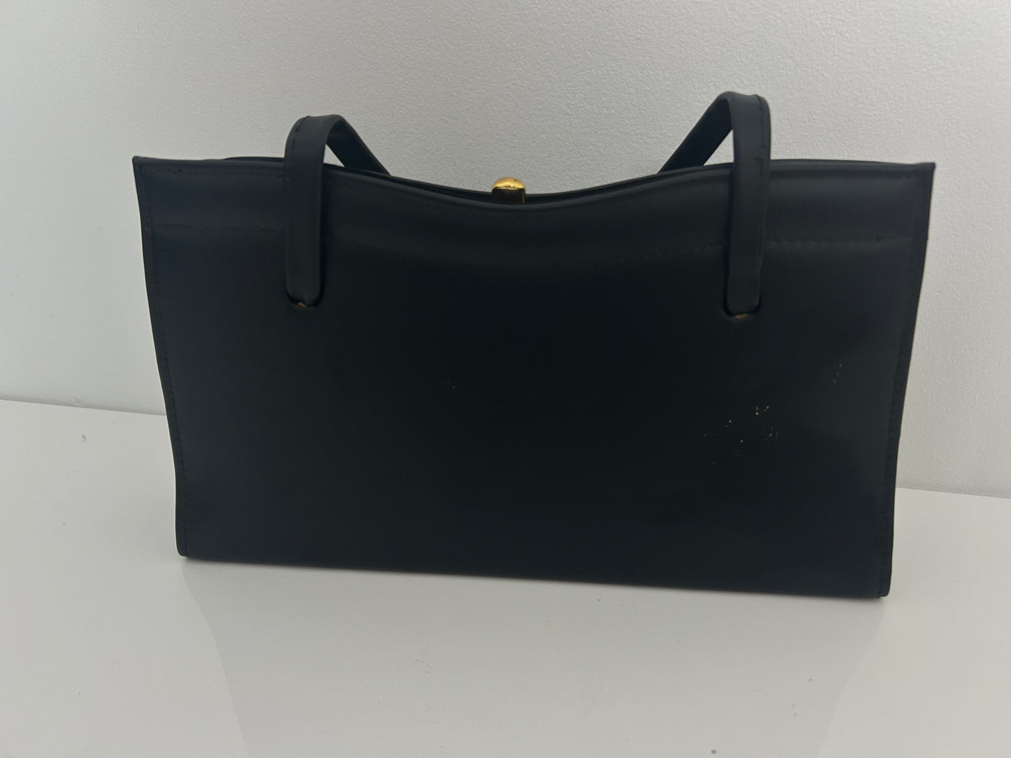 Vintage 1960s Black Faux Leather Lovely Shape Kelly Style Handbag