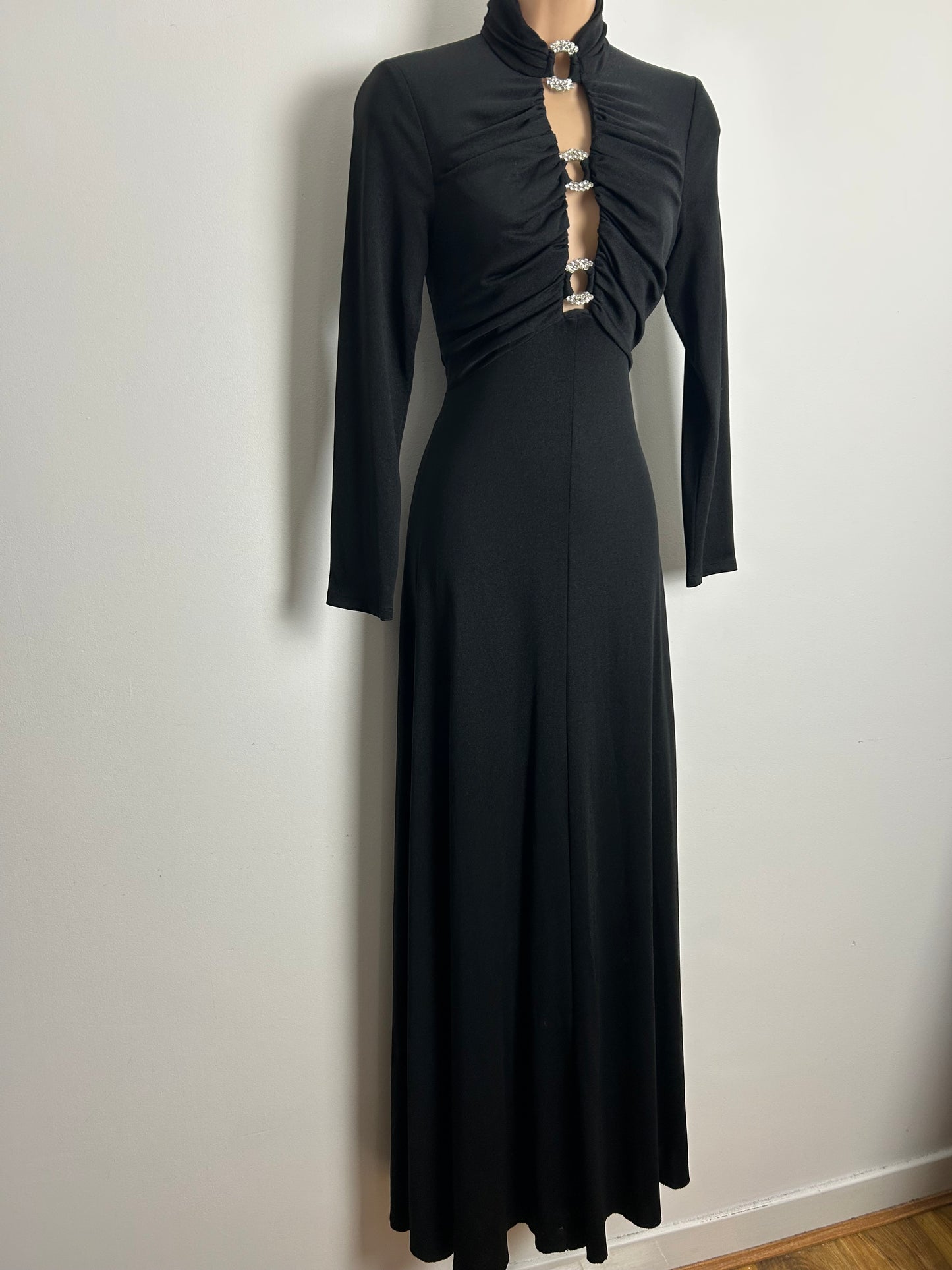 Vintage 1970s JOHN MARKS Size 10 Black Diamante Detailing Open Front Occasion Evening Maxi Dress