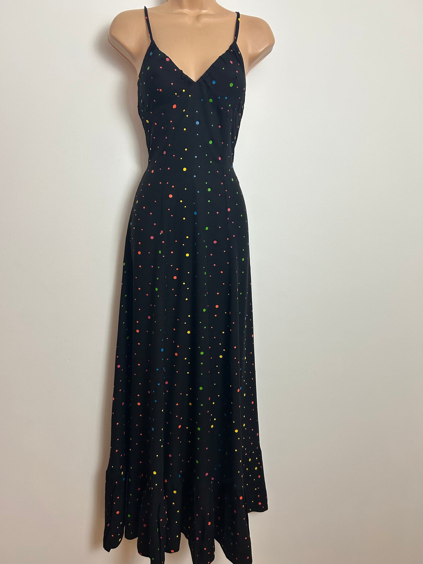 Vintage 1970s DOMINO-D Size 6-8 Black & Multicolour Spot Print Halterneck Maxi Dress