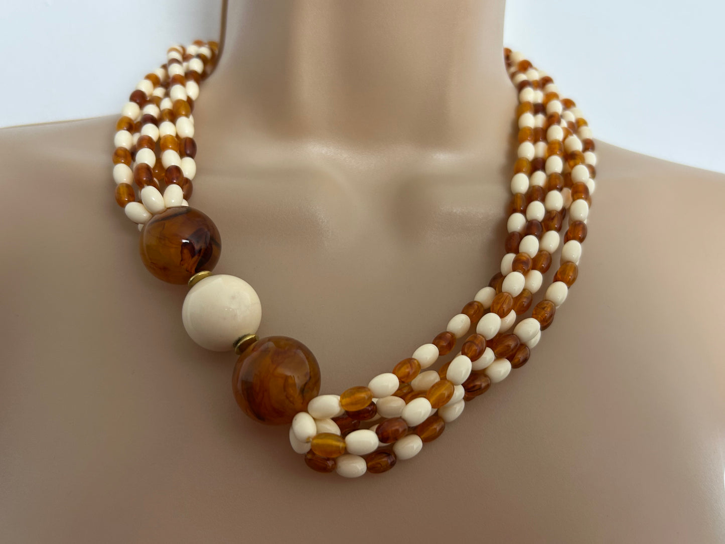 Vintage 1960s Cream & Amber Colour Plastic Bead Double Strand Necklace