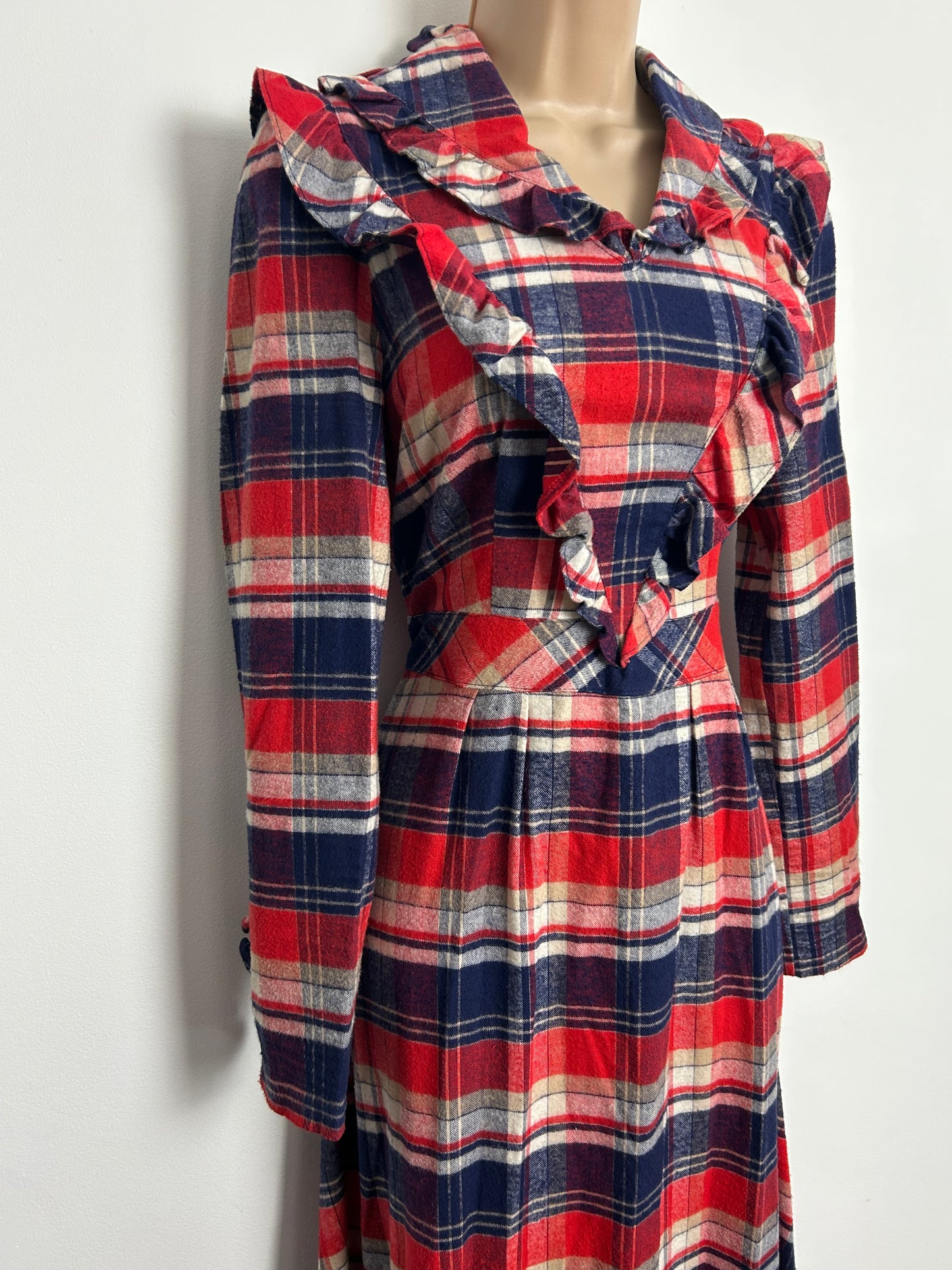 Vintage 1970s BETTY BARCLAY Size 10 Blue Red & White Check Flannel Cotton Tie Back Prairie Maxi Dress