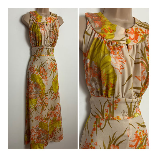 Vintage 1970s Size 6 Beige Orange & Dark Yellow Floral Print Sleeveless Summer Maxi Dress
