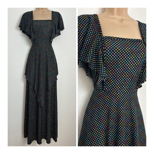 Vintage 1970s Size 6 Black & Multicolour Polka Dot Print Short Flutter Sleeve Layered Boho Maxi Dress