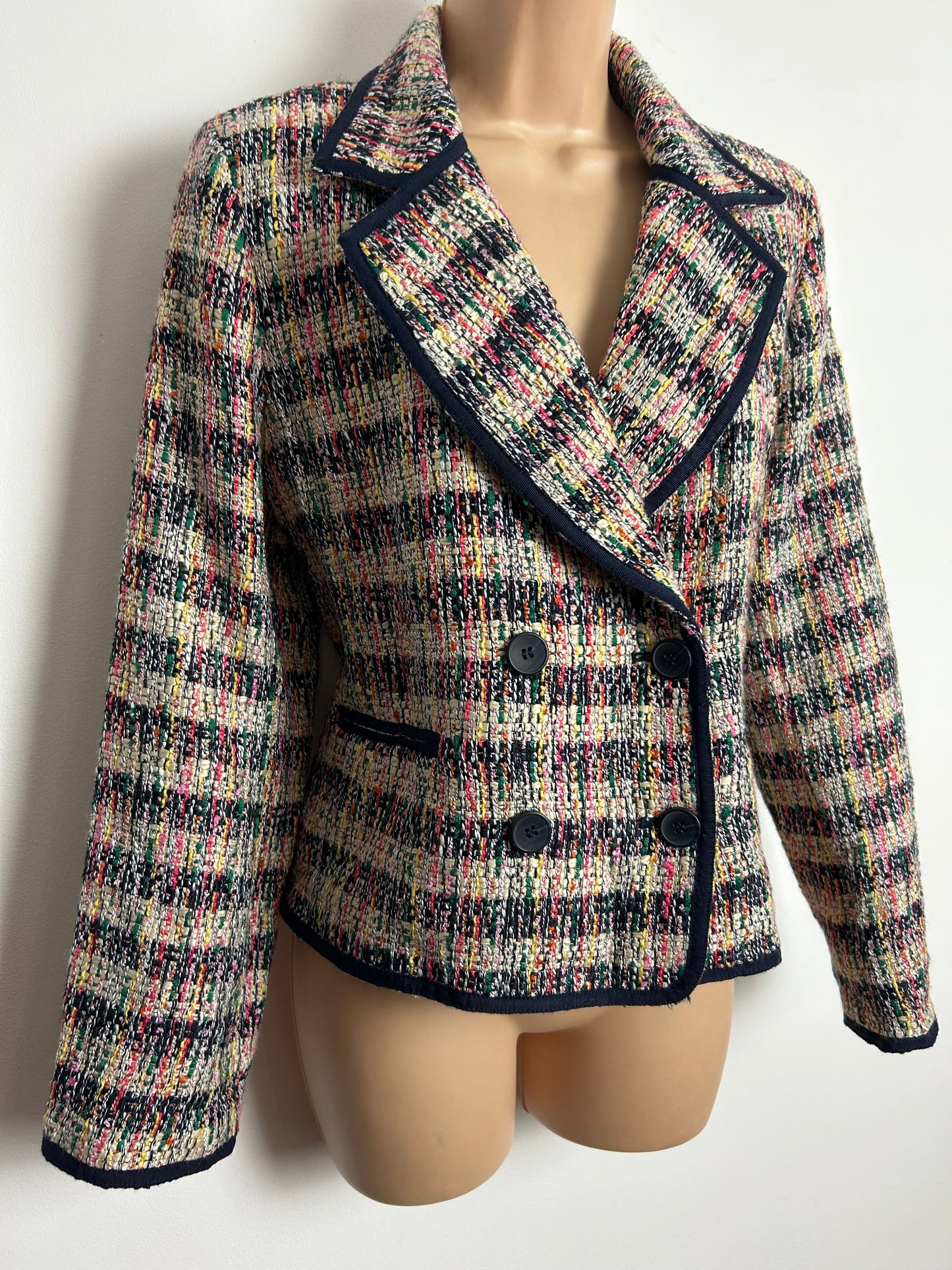 Vintage 1990s TALBOTS PETITE Size 12-14 Black Beige Green & Pink Tweed Double Breast Blazer