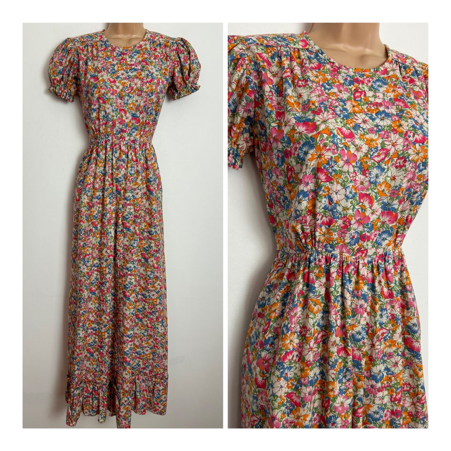 Vintage 1970s UK Size 6-8 White Orange Pink & Blue Ditsy Floral Print Short Sleeve Cotton Prairie Boho Maxi Dress