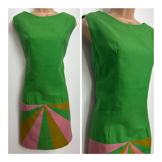 Vintage 1960s Size 8-10 Green Pink & Orange Sunray Pattern Mod Shift Dress