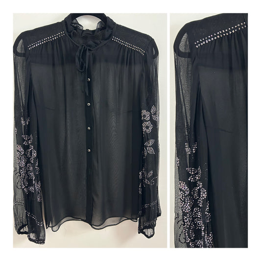 Vintage 1980s UK Size 12 Black Semi Sheer Chiffon Blouse With Silver Glitter Floral Pattern