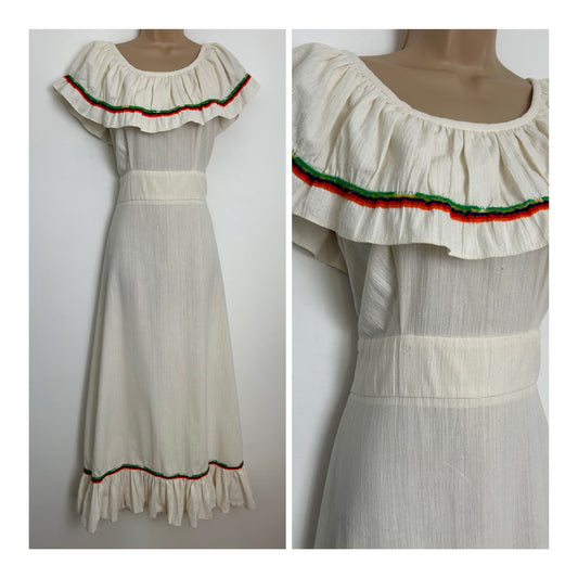 Vintage 1970s JOHN OF CLAIFORNIA Size 10 Cream Cheesecloth Cotton Bardot Boho Summer Festival Maxi Dress