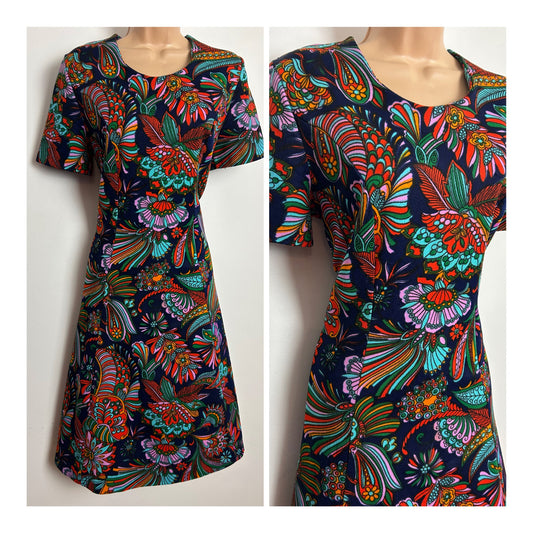 Vintage 1960s Size 14 Navy Blue Red Green & Pink Floral Paisley Print Mod Shift Dress