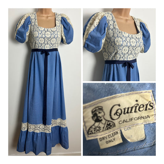 American Vintage 1970s COURIERS CALIFORNIA Size 6 Blue & Cream Lace Trim Prairie Maxi Dress