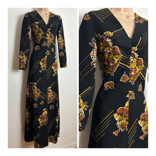 Vintage 1970's MUOTI-HAUI FINLAND Size 10 Black & Brown Tones Floral & Stripe Print Long Sleeve Maxi Dress