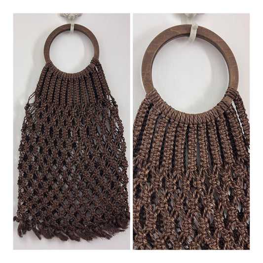 Vintage 1970s Large Dark Brown Hessian String Macrame Woven Shopping Bag With Wooden Handles