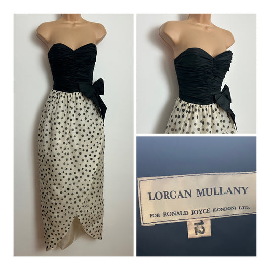 Vintage 1980s Designer LORCAN MULLANY Size 8 Black & Ivory White Polka Dot Strapless Tulip Occasion Dress