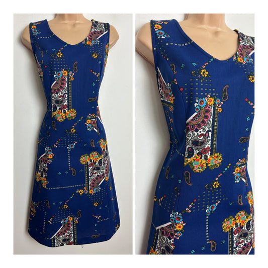 Vintage 1970s Size 12-14 Navy Blue Pink Orange & White Floral & Paisley Print Mod Shift Dress