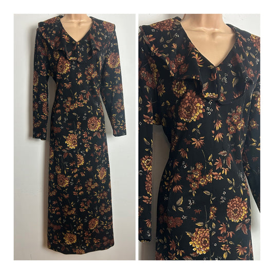 Vintage 1970s Size 14 Black Brown & Beige Floral Print Ruffle Trim Long Sleeve Maxi Dress