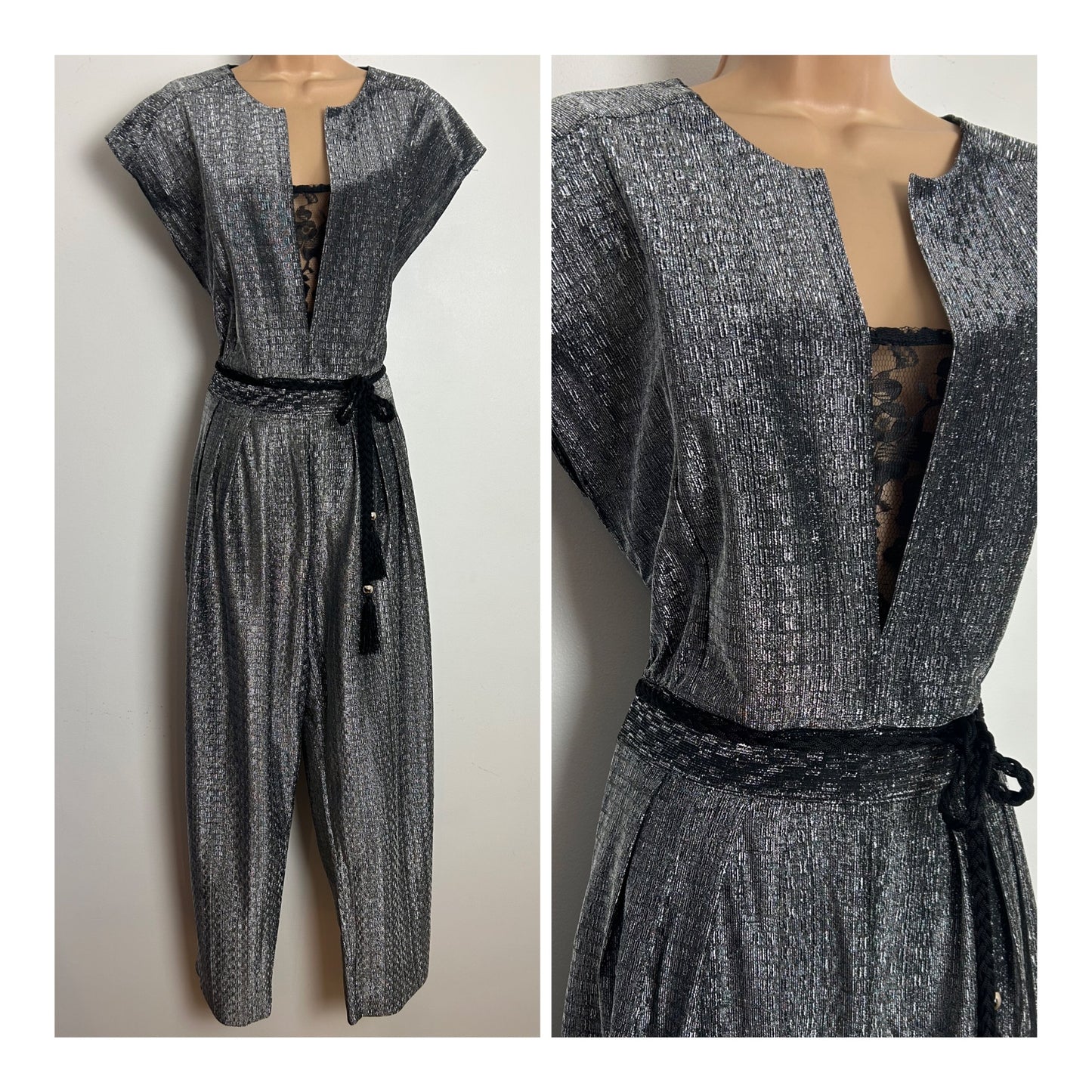 Vintage 1980s Size 14 Silver Metallic Silver Lurex Lace Panel Belted Xmas Party Evening Disco Jumpsuit