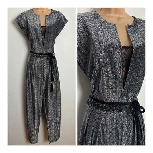 Vintage 1980s Size 14 Silver Metallic Silver Lurex Lace Panel Belted Xmas Party Evening Disco Jumpsuit