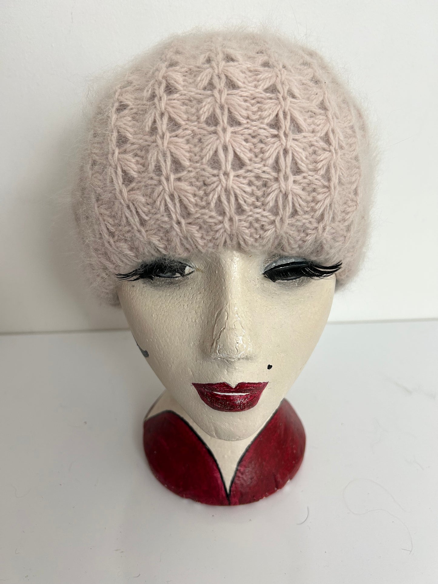 Vintage Pale Nude Pink Wool & Angora Chunky Knit Reversible Beanie/Beret Style Hat