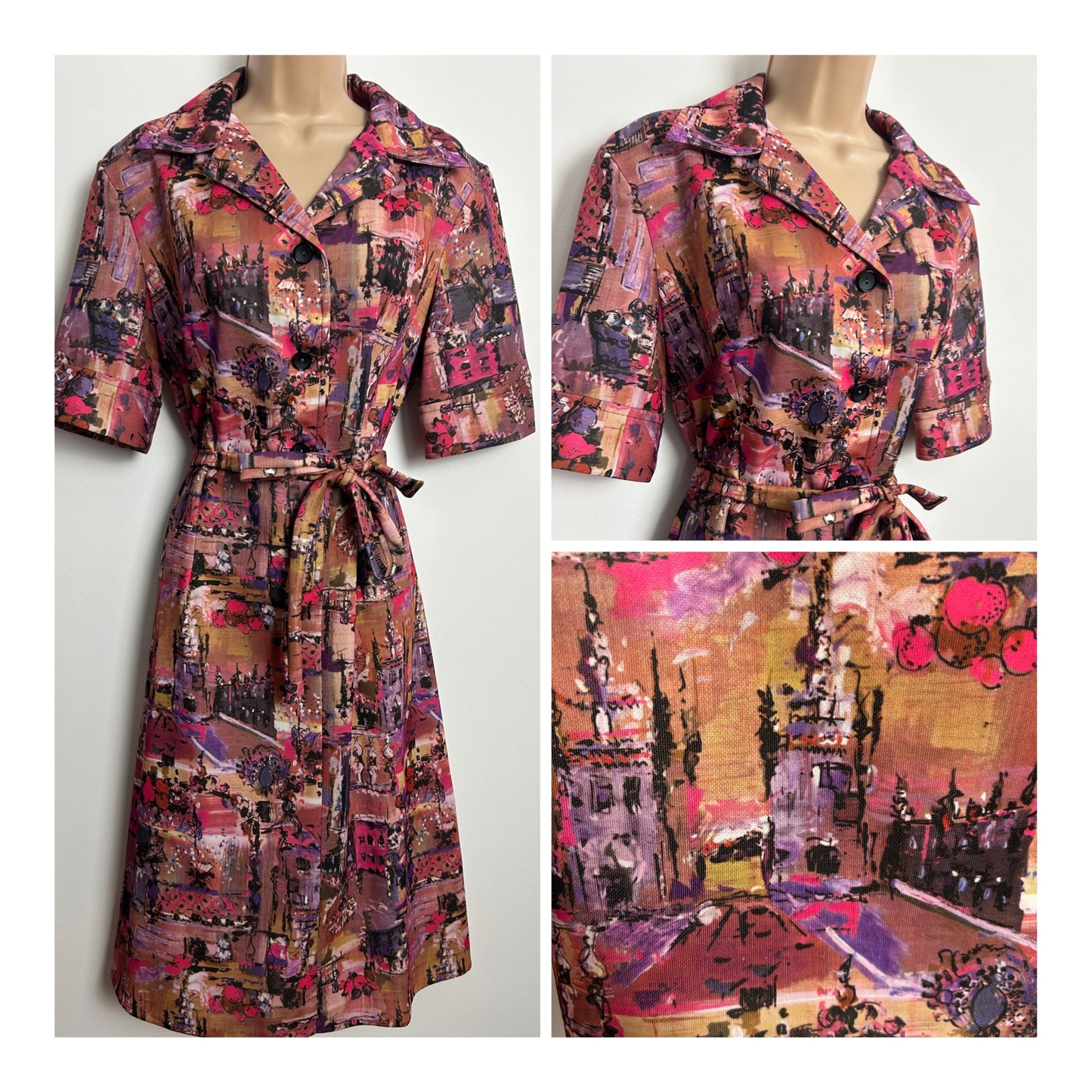 Vintage 1970s Size 14-16 Beige Purple & Pink Warm Tones Abstract Belted Day Dress