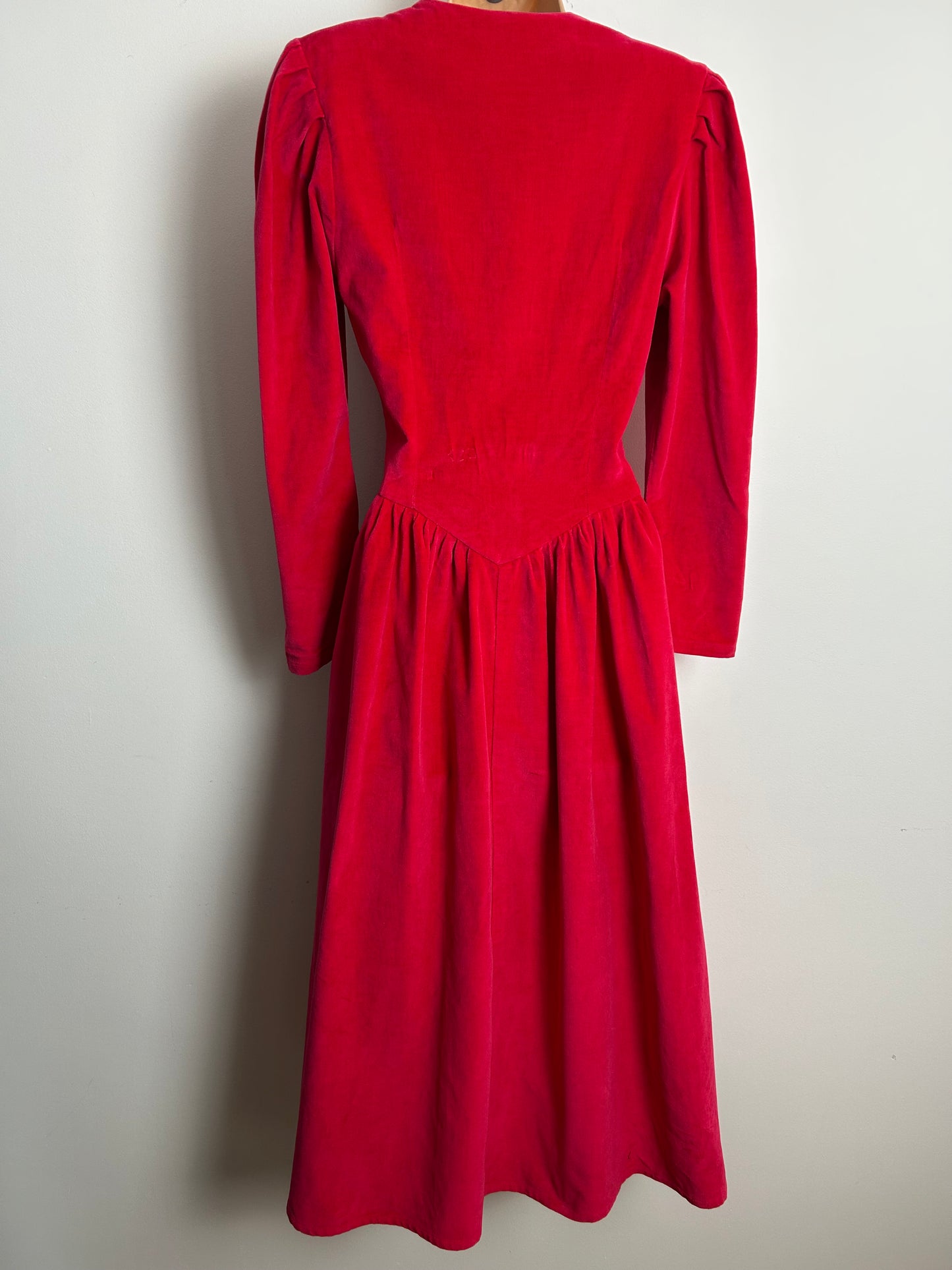 Vintage 1980s ADINI Size 8 Hot Pink Cotton Velvet Gather Pleated Midi Dress