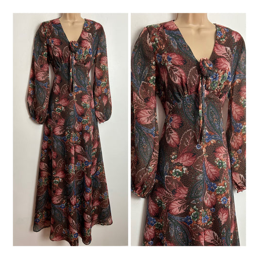 Vintage 1970s UK Size 10 Pretty Brown Green & Blue Floral Print Long Sleeve Boho Maxi Dress