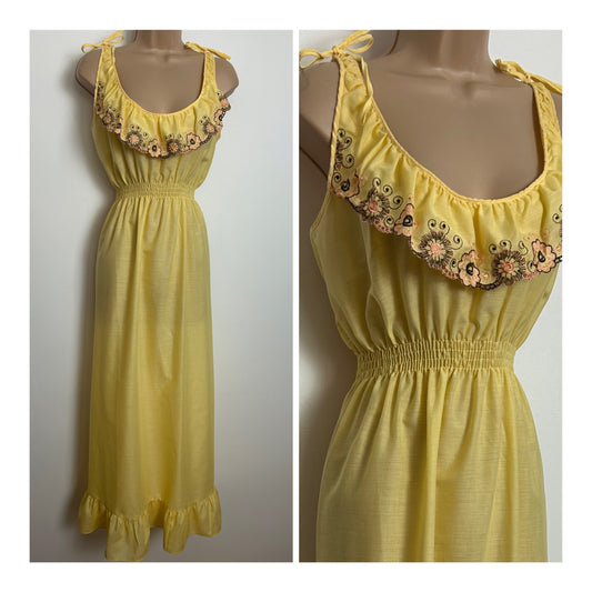 Vintage 1970s Size 10 Lemony Yellow Embroidered Detail Cotton Mix Boho Prairie Nightie Or Dress