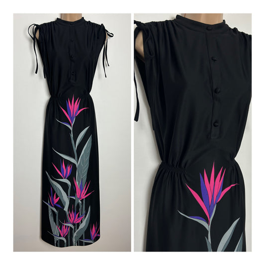 Vintage 1970s GOLD LABEL BY TRICOVILLE Size 12 Black Pink & Grey Floral Print Tie Shoulder Maxi Dress