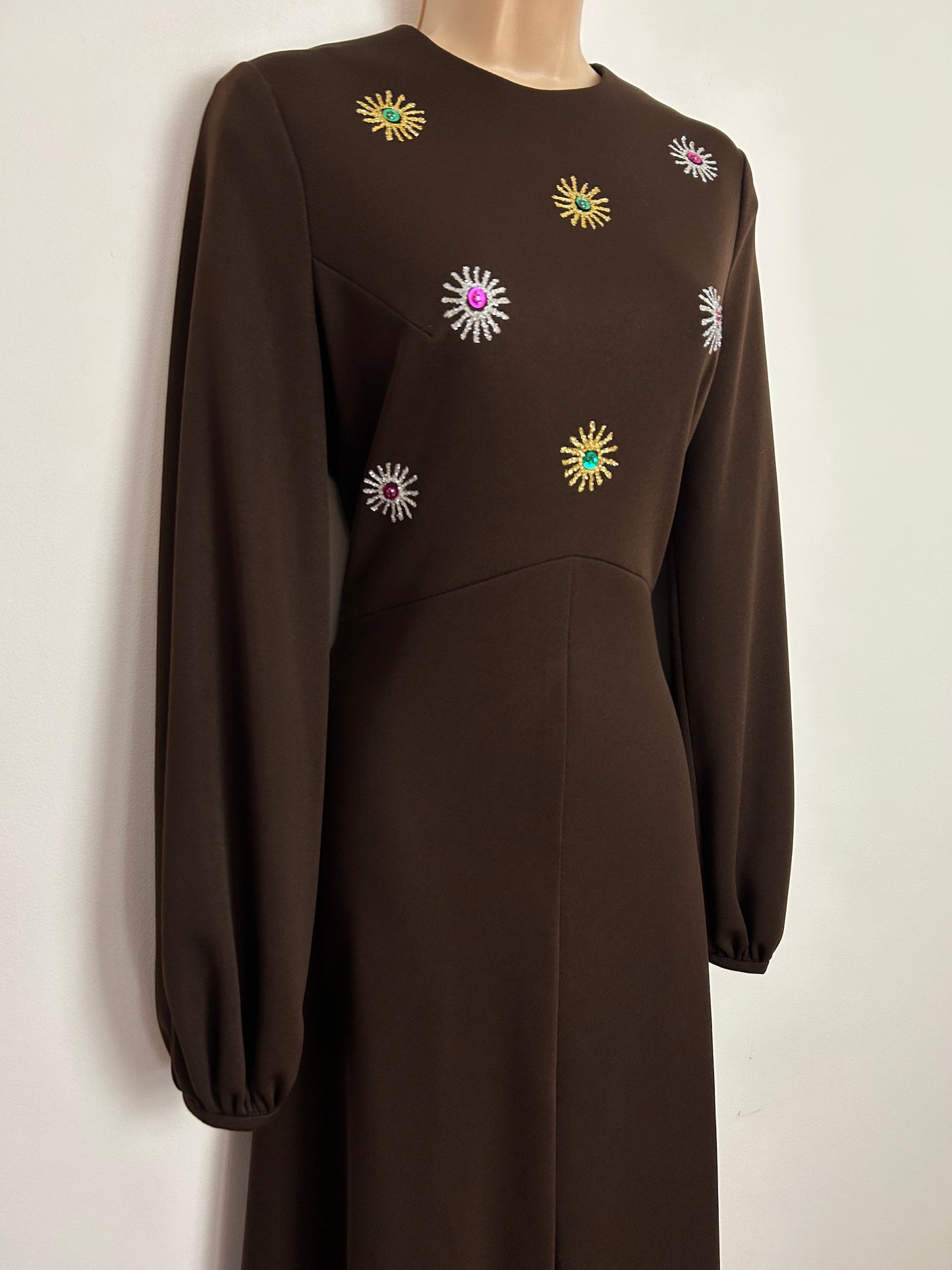 Vintage 1970s CARNEGIE OF LONDON UK Size 10-12 Chocolate Brown Gold & Silver Embroidered Detail Occasion Maxi Dress