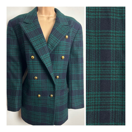 Vintage 1980s AKRIS CLUB Size 14 Green & Black Dogtooth Check 100% Wool Double Breasted Blazer