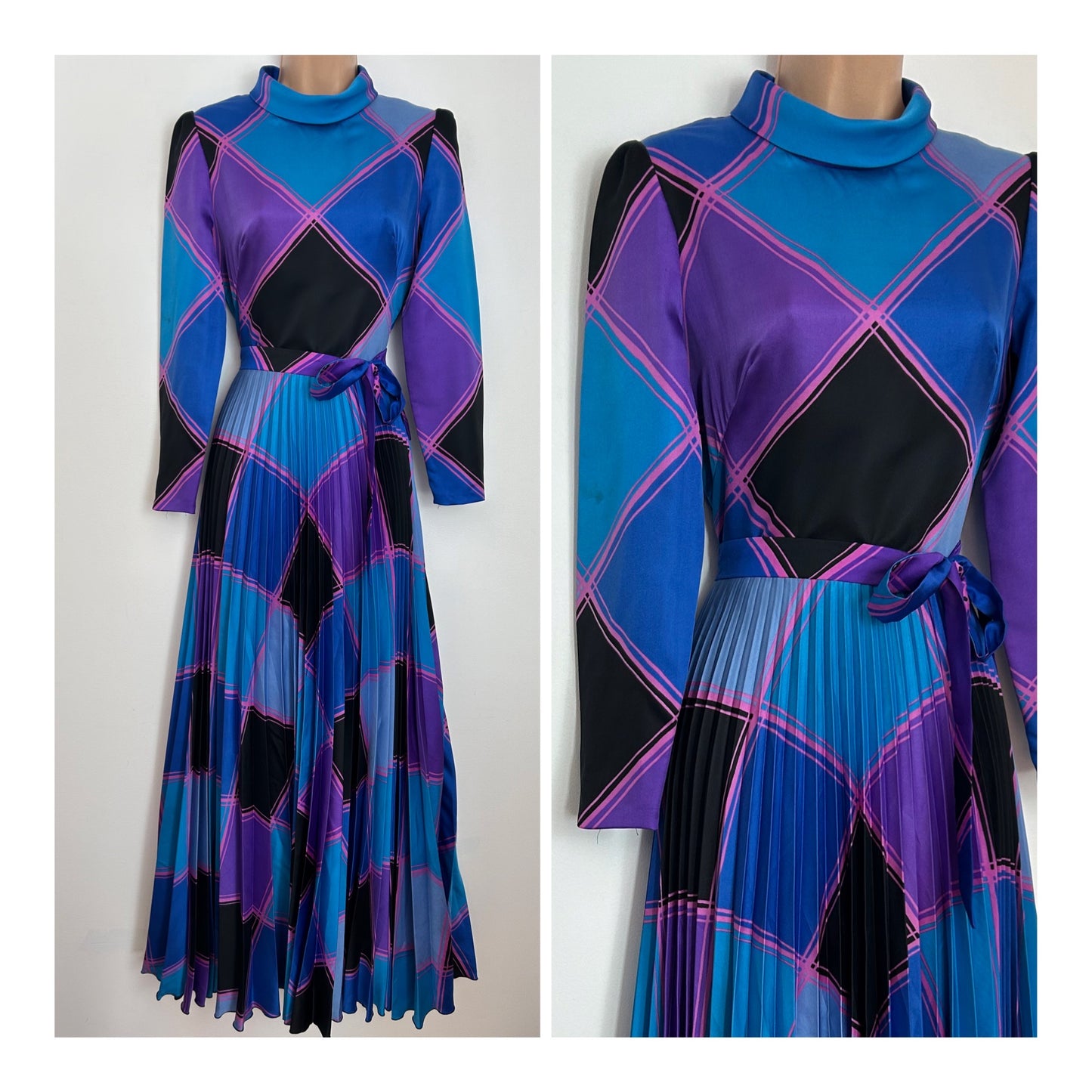 Vintage 1970s UK Size 8 Blue Purple & Pink Check Print Long Sleeve Belted Pleated Maxi Dress