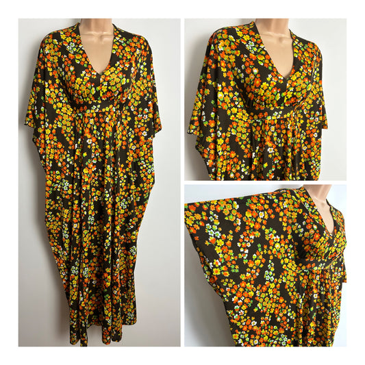Vintage 1970s Size 12 Brown Yellow Orange & Green Floral Print Wide Sleeve Back Belted Kaftan Style Maxi Dress
