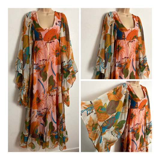 Vintage 1970s UK Size 8-10 White Orange Blue & Green Floral Print Very Wife Floaty Sleeve Boho Maxi Dress