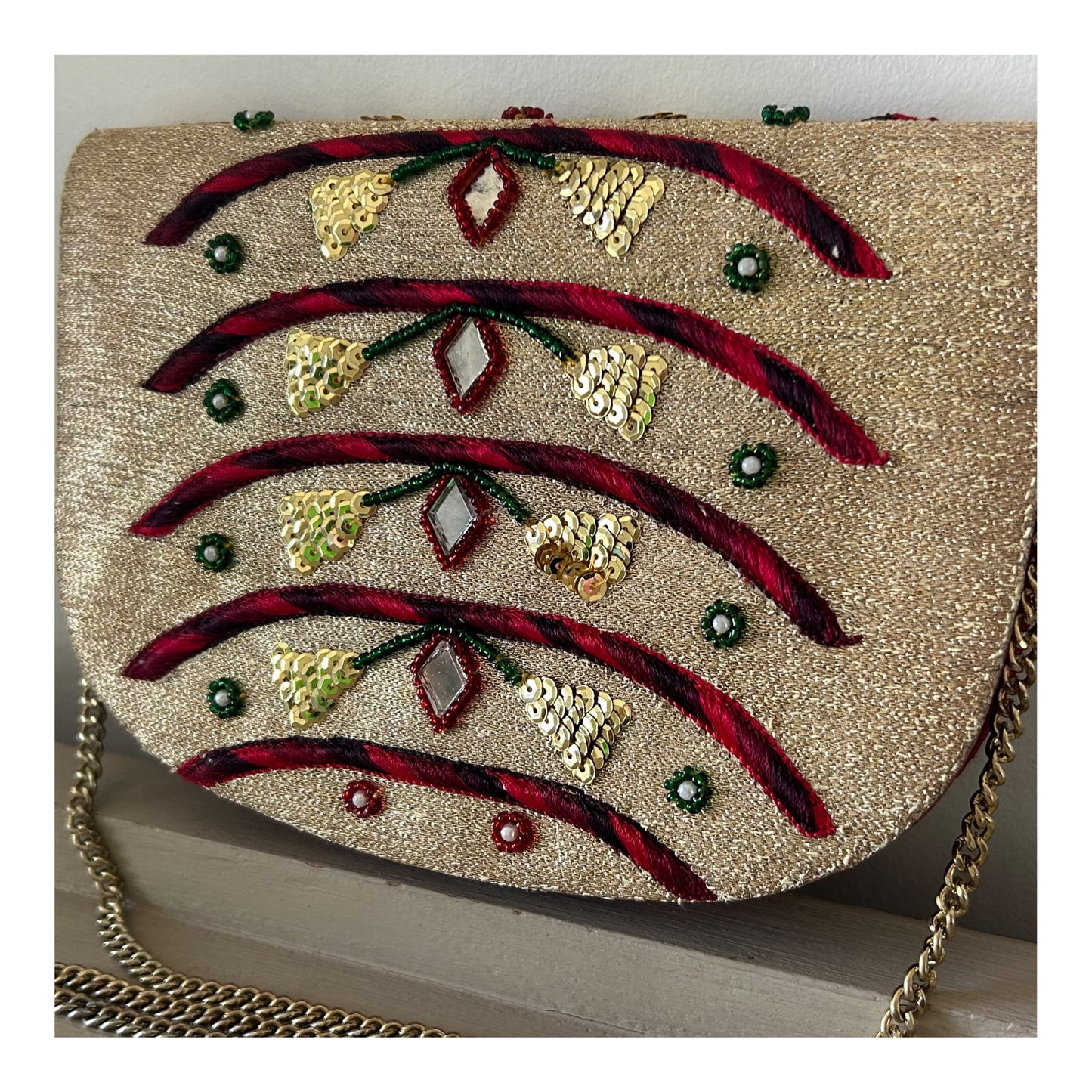 Vintage 1970s REGAL Small Red & Metallic Gold Mirror Sequin Bead & Embroidered Detail Shoulder Bag