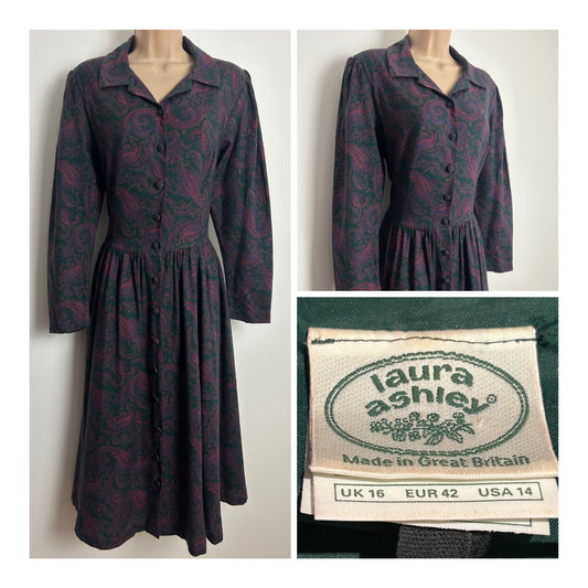 Vintage 1980s LAURA ASHLEY Size 14 (Size 16 On Label) Dark Green & Dark Pink Floral Paisley Wool Mix Midi Dress