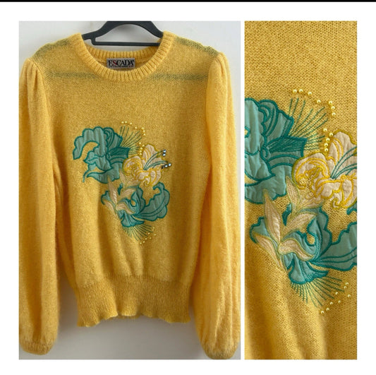 Vintage 1980s ESCADA Super Soft Size 12 Mustard Yellow Kid Mohair Floral & Bead Embellished Jumper