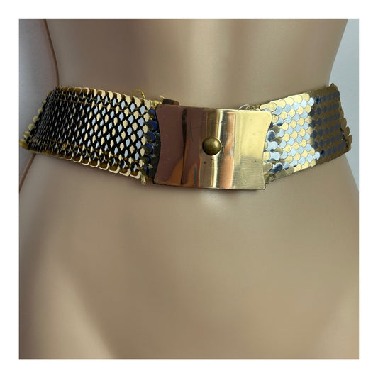 Vintage 1970s Gold & Silver Metal Fish Scale Stretchy Elasticated Belt 4cm Width