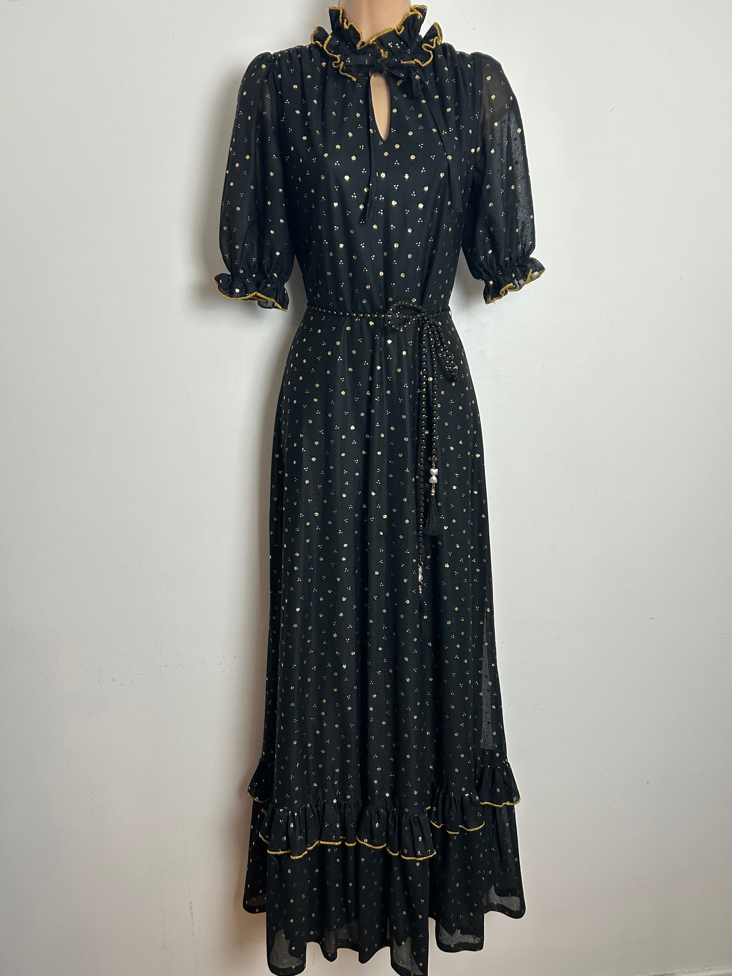 Vintage 1970s Size 10 Black & Metallic Gold Spot Print Belted Prairie Evening Maxi Dress