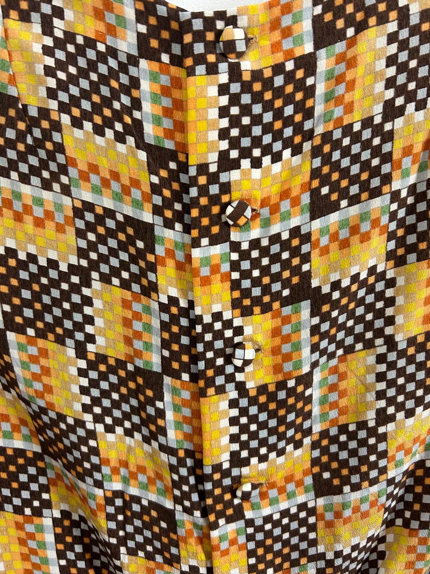 Vintage 1970s Size 10 Brown Mustard Rust Mix Square Grid Print Silk Button Back Blouse/Top