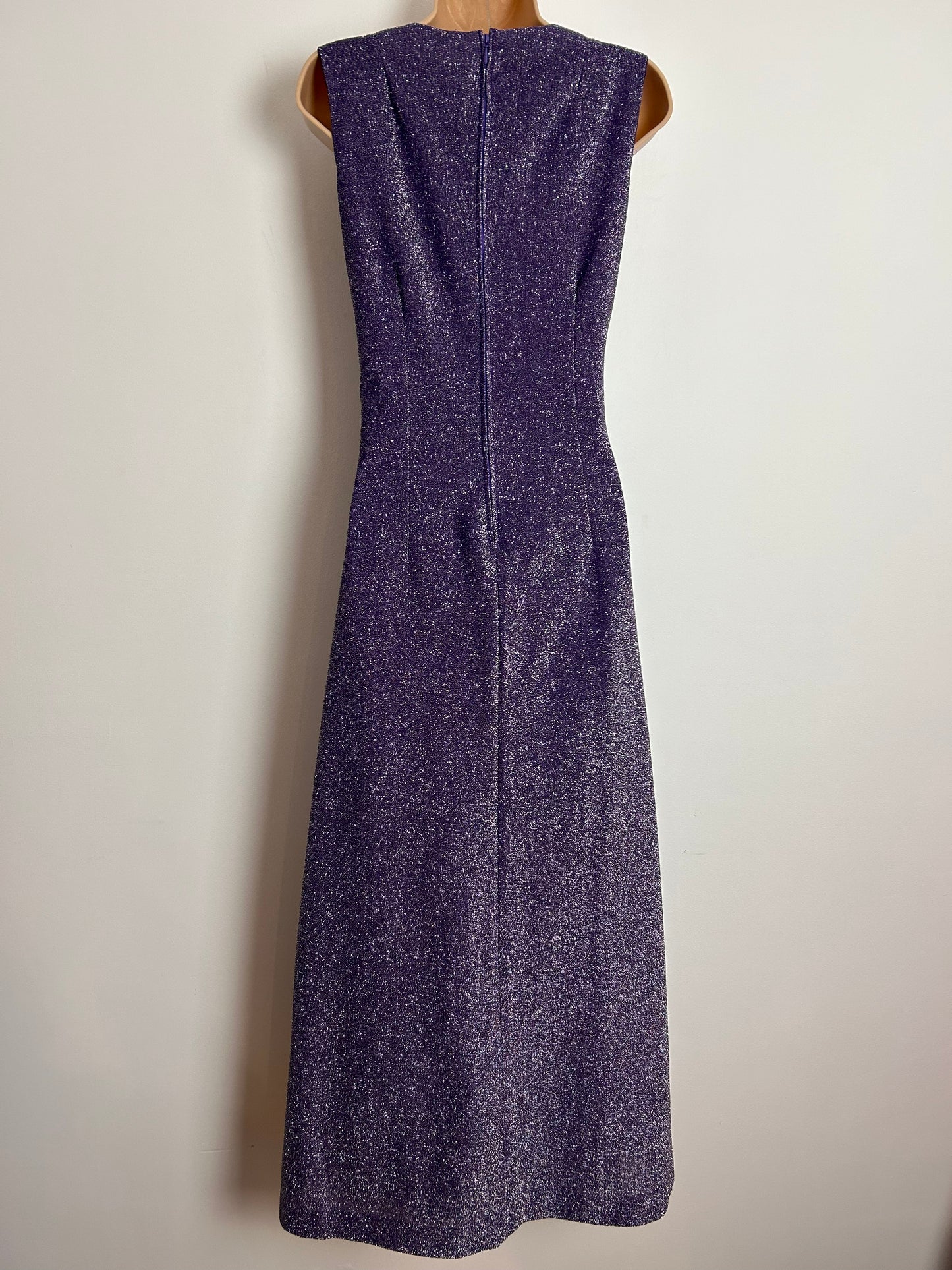 Vintage 1970s UK Size 10 Purple Glittery Sparkly Lurex Sleeveless Occasion Evening Party Maxi Dress