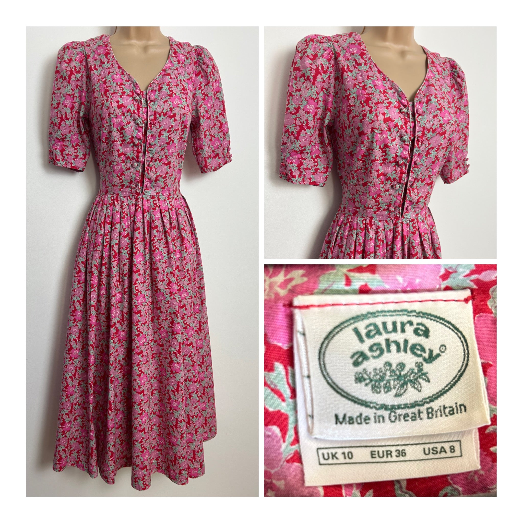 Vintage 1980s LAURA ASHLEY Size 6 (10 on Label) Red Pink & Mint Green ...