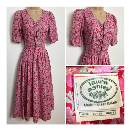 Vintage 1980s LAURA ASHLEY Size 6 (10 on Label) Red Pink & Mint Green Floral Print Cotton Tea Dress