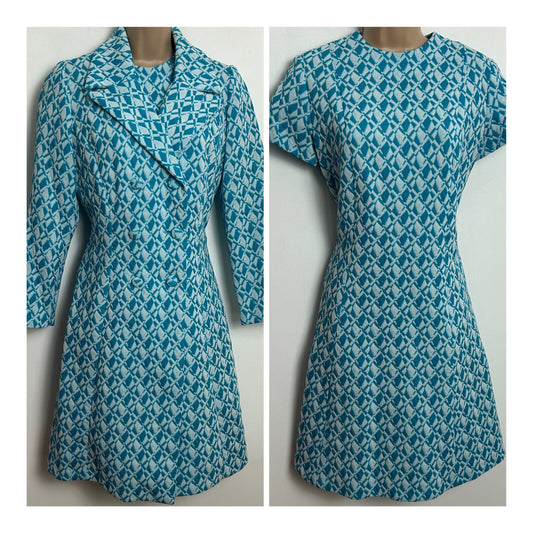 Vintage 1960s Size 10-12 Blue & Turquoise Blue & White Diamond Pattern Crimplene Mod Dress Suit
