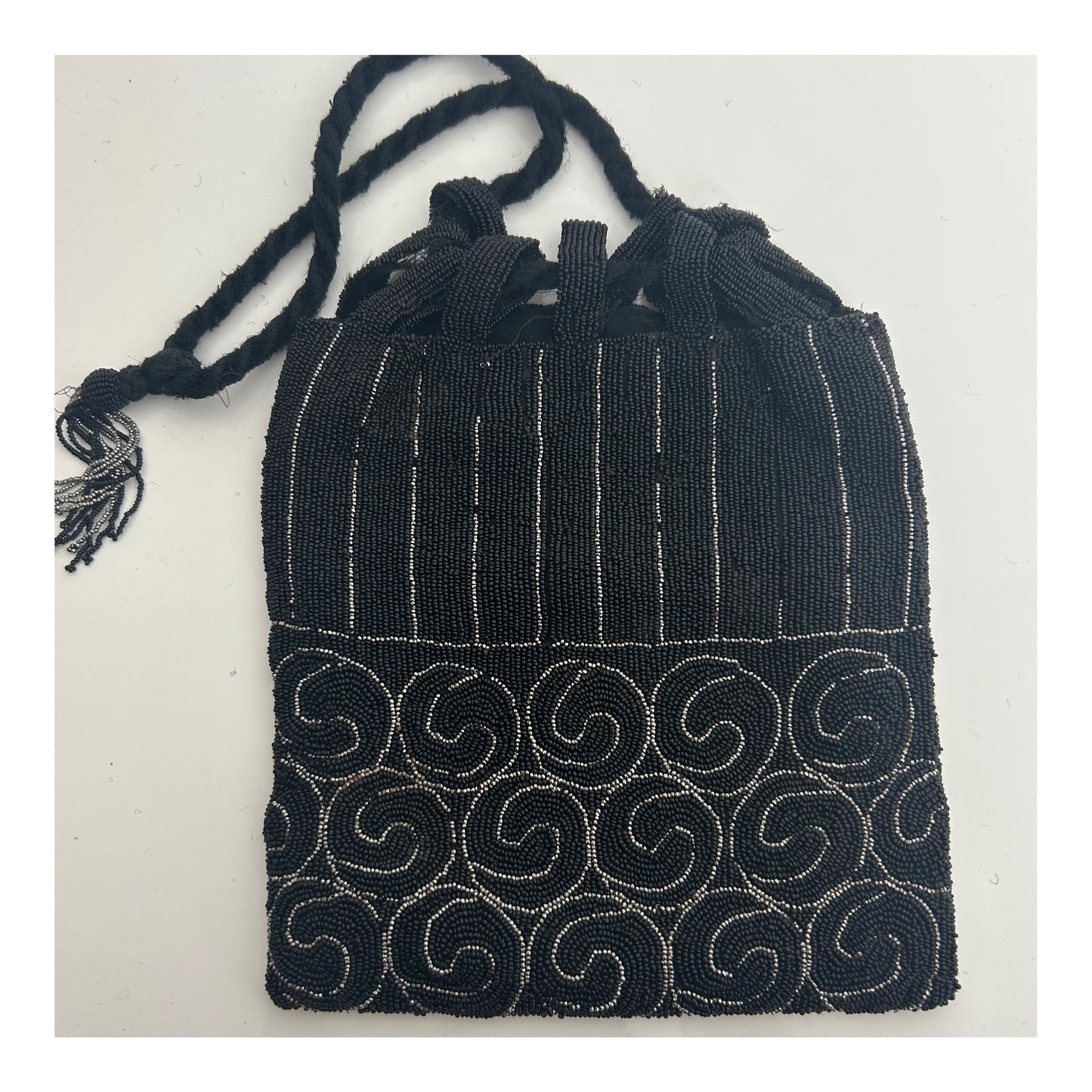 Vintage Circa 1920s Black & Silver Micro Beaded Swirl Pattern Pouch Style Flapper Bag